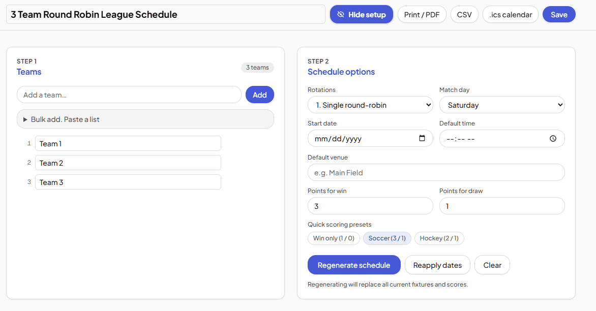 Round-robin league schedule editor main panel