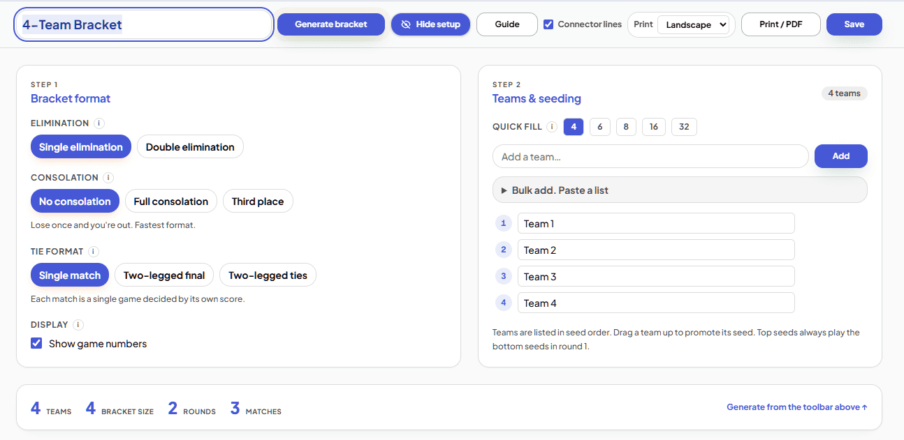 Bracket generator setup panel with format options