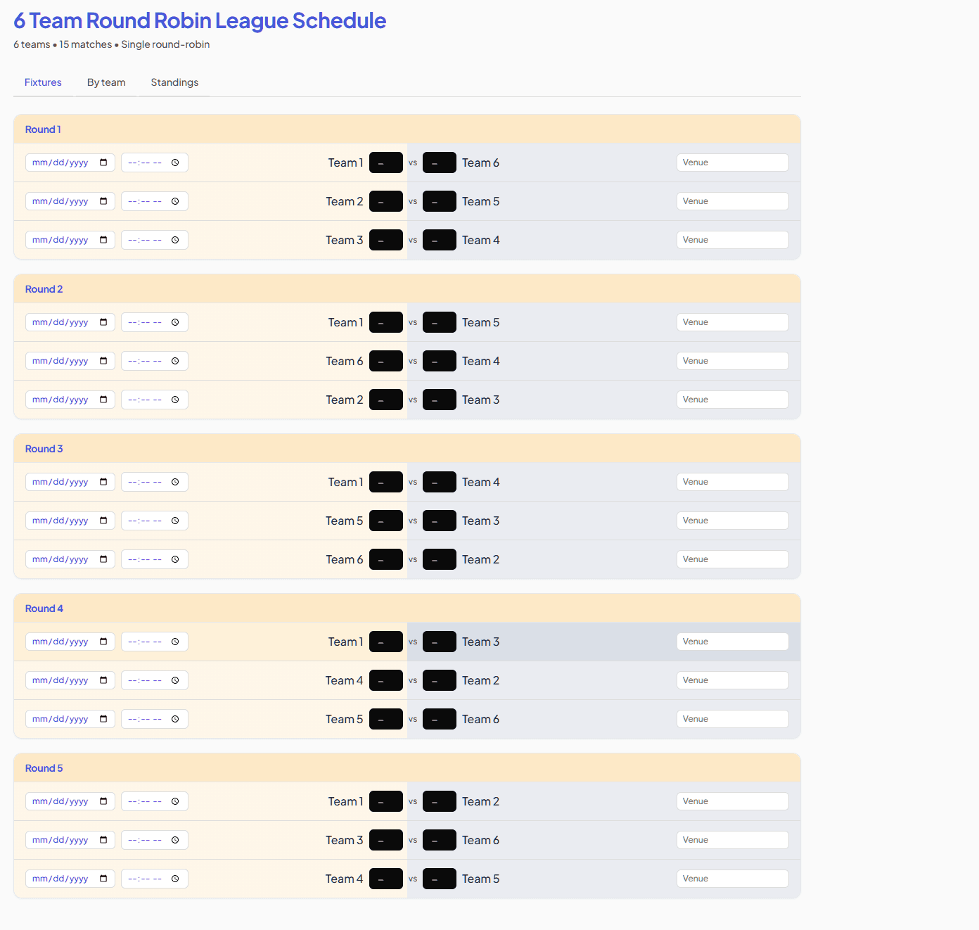 6-team round-robin schedule generated by the round-robin generator