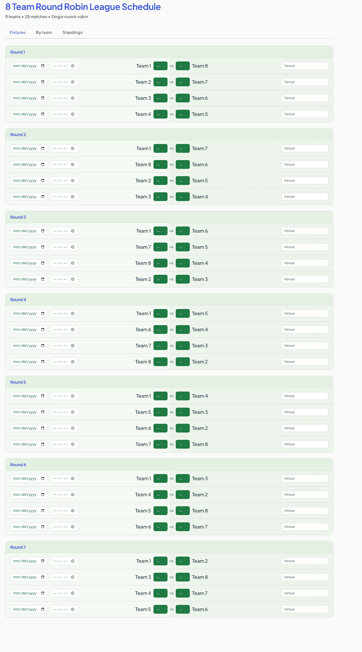8-team round-robin league schedule generated by My Bracket App