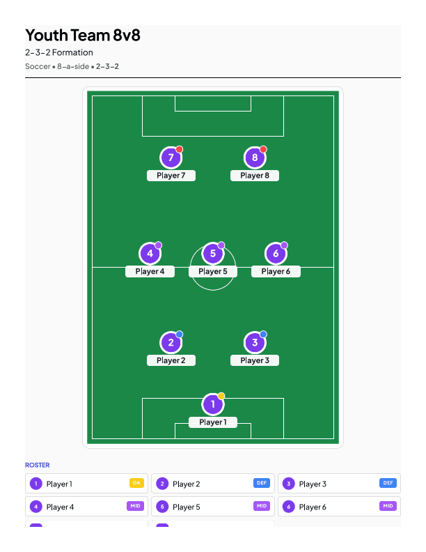 Youth 8v8 | 2-3-2 Midfield Diamond lineup template — printable team sheet