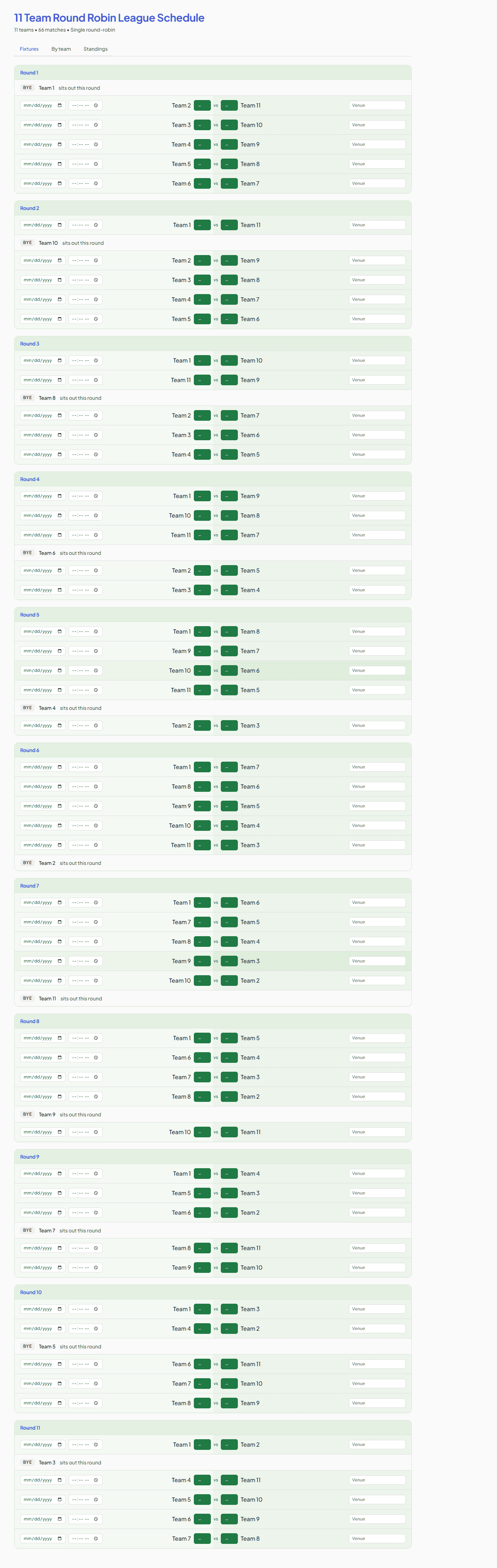 11 Team Round Robin League Schedule example — free, printable and editable