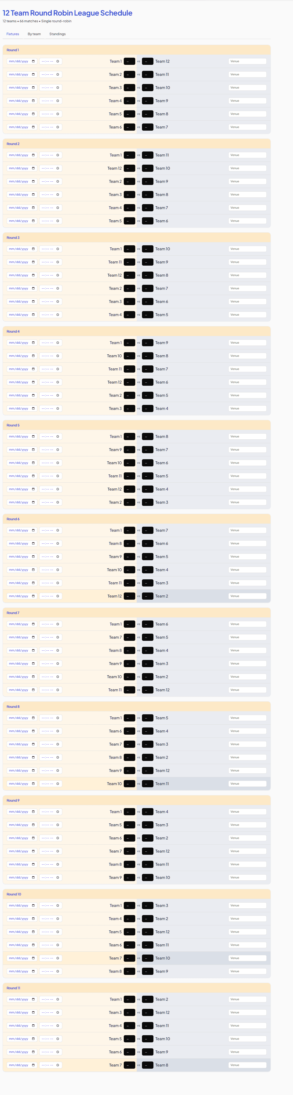 12-team round-robin schedule example