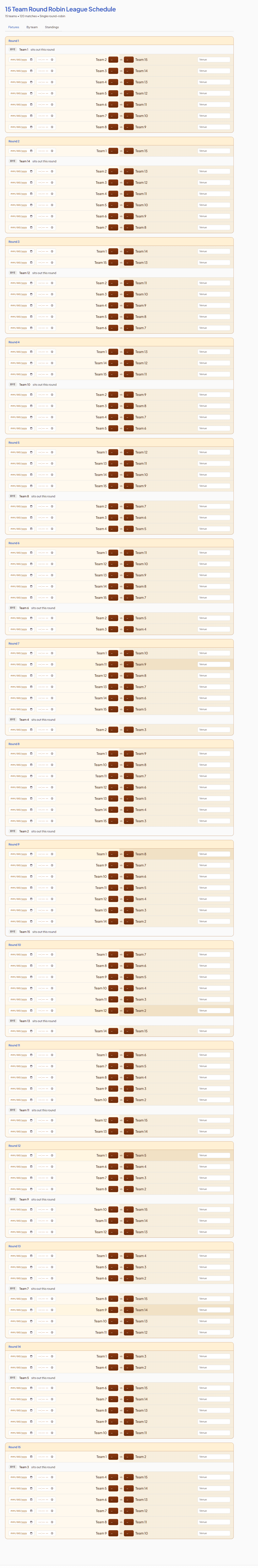 15 Team Round Robin League Schedule example — free, printable and editable