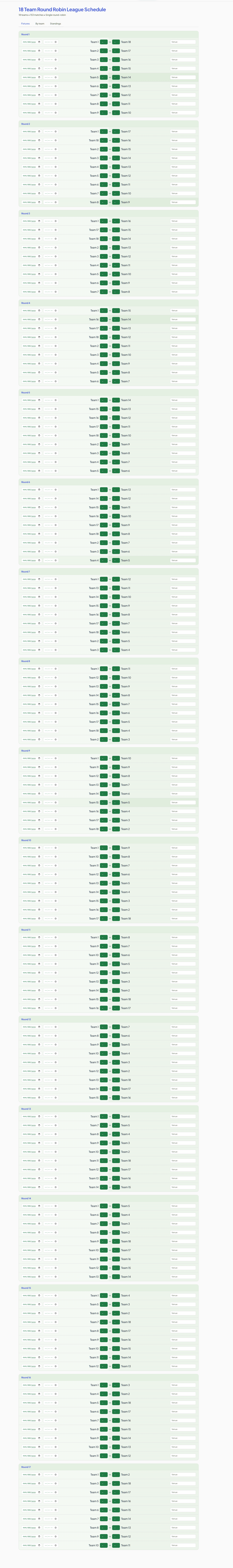 18 Team Round Robin League Schedule example — free, printable and editable