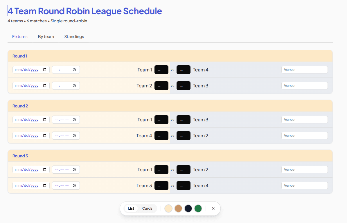 4 Team Round Robin League Schedule example — free, printable and editable