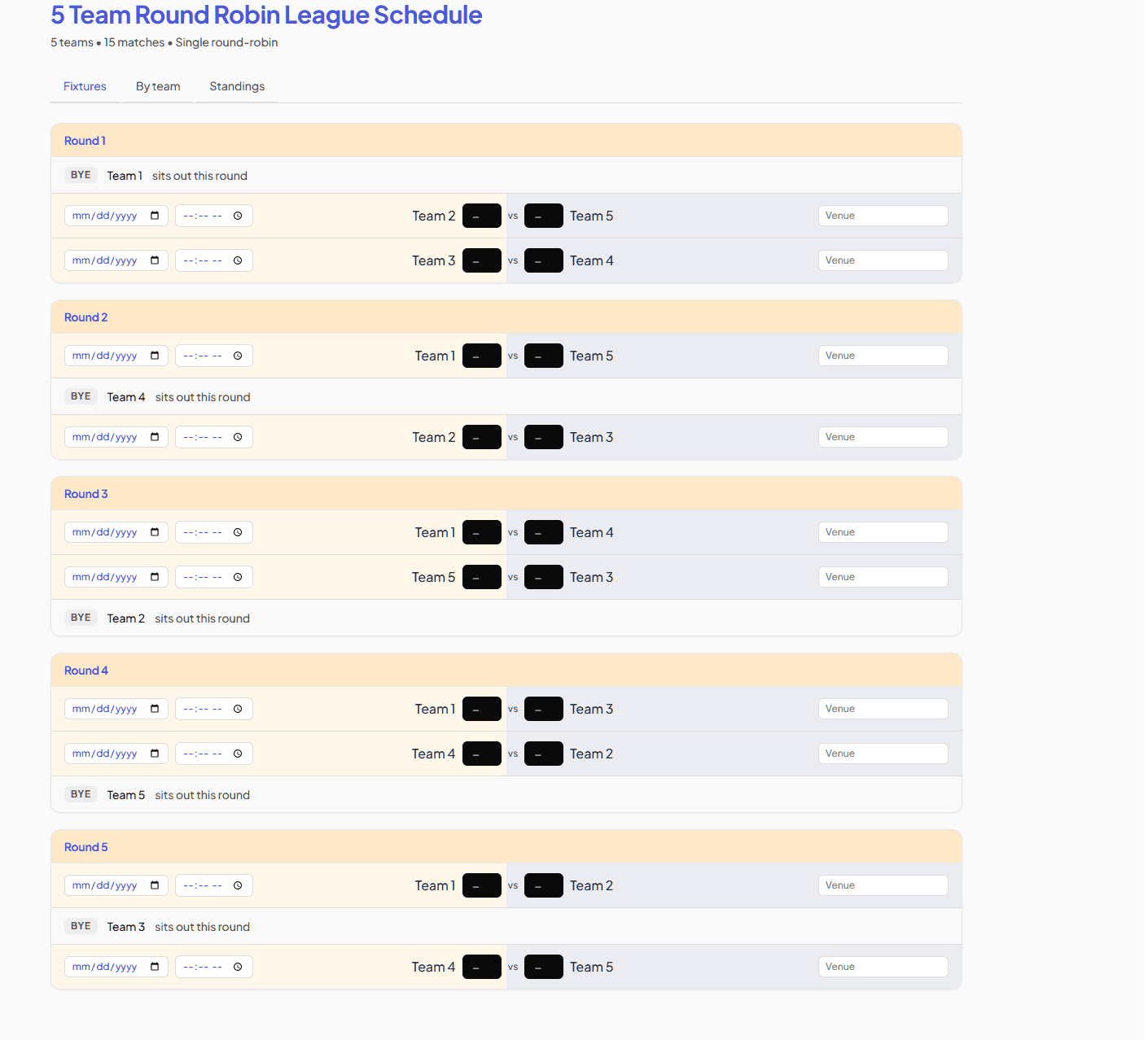 5 Team Round Robin League Schedule example — free, printable and editable