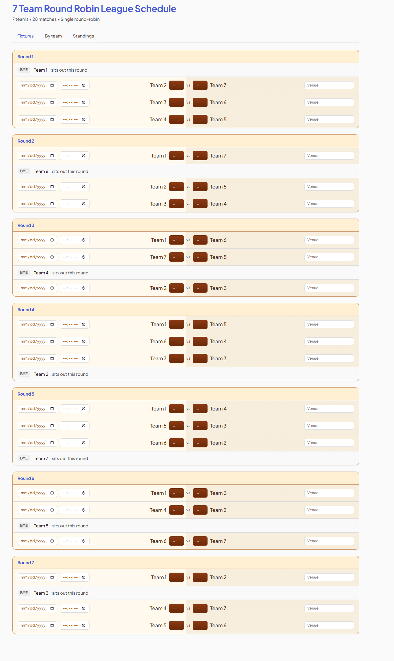 7 Team Round Robin League Schedule example — free, printable and editable