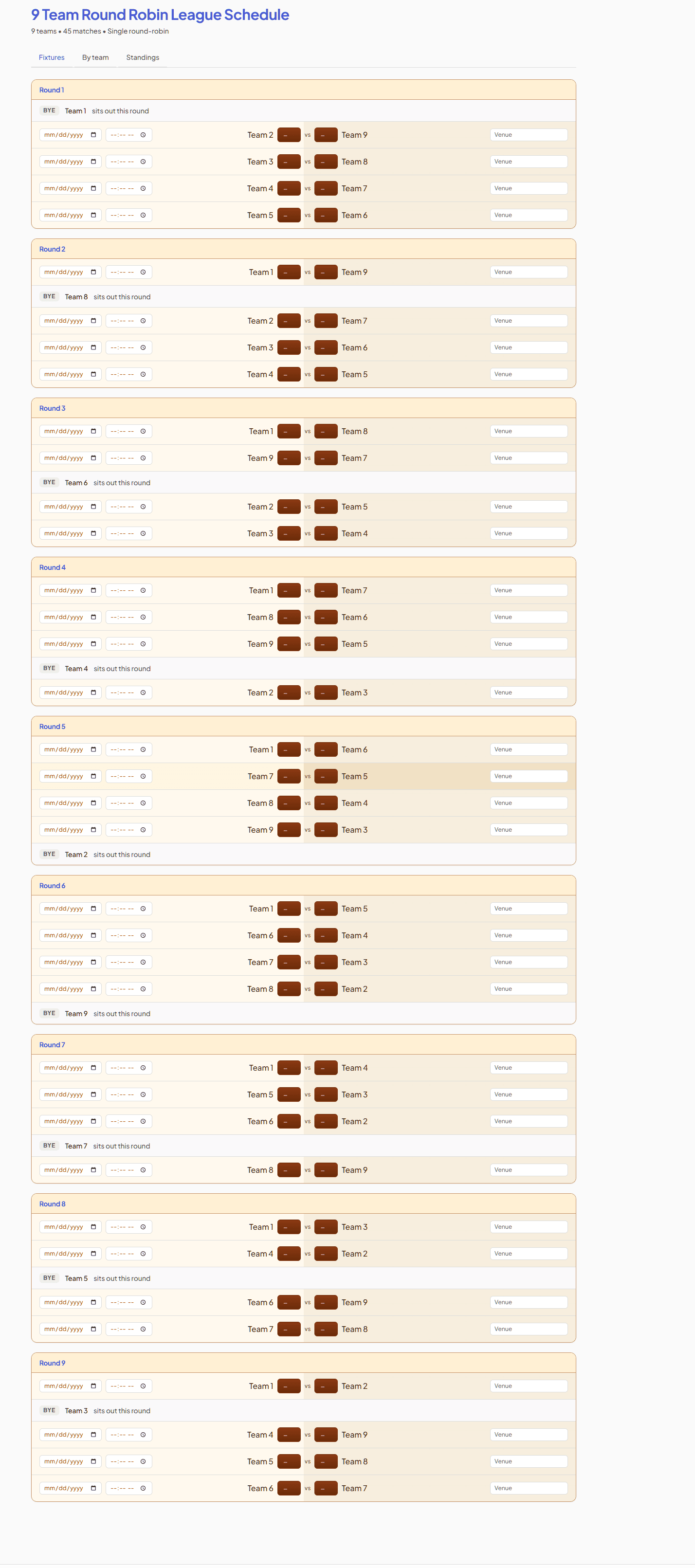 9 Team Round Robin League Schedule example — free, printable and editable