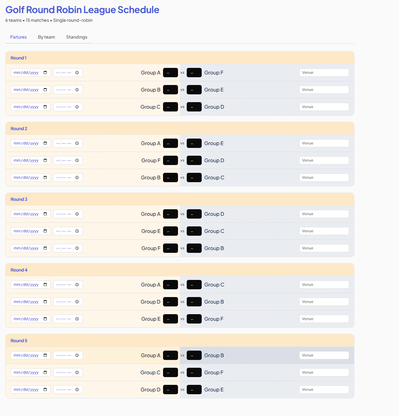 Golf round-robin schedule example