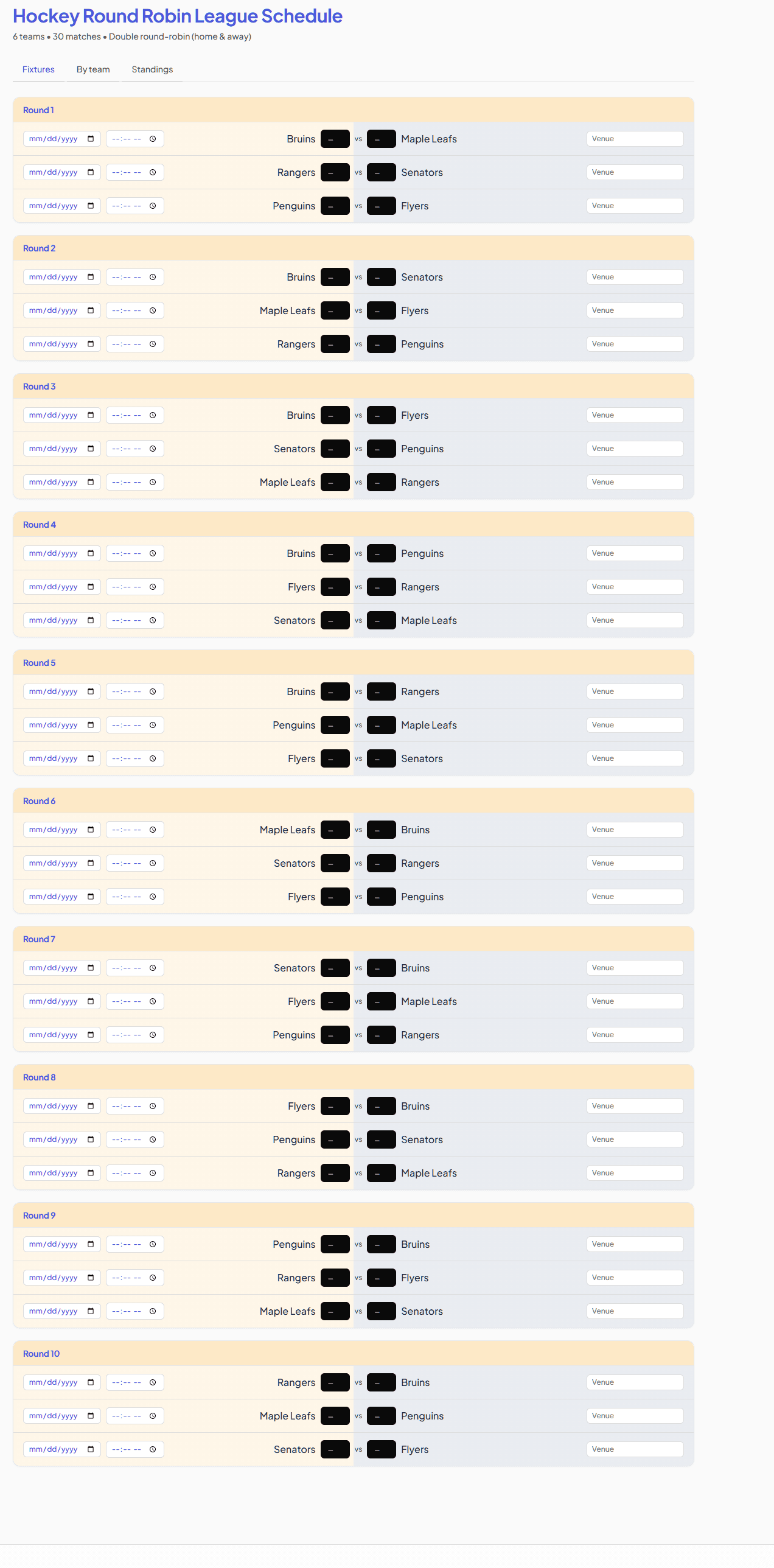 Hockey round-robin schedule example