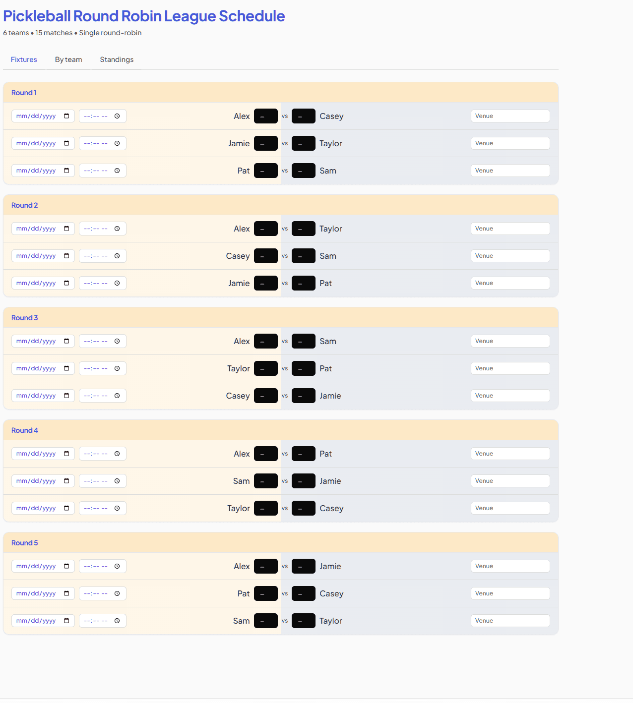 Pickleball round-robin schedule example