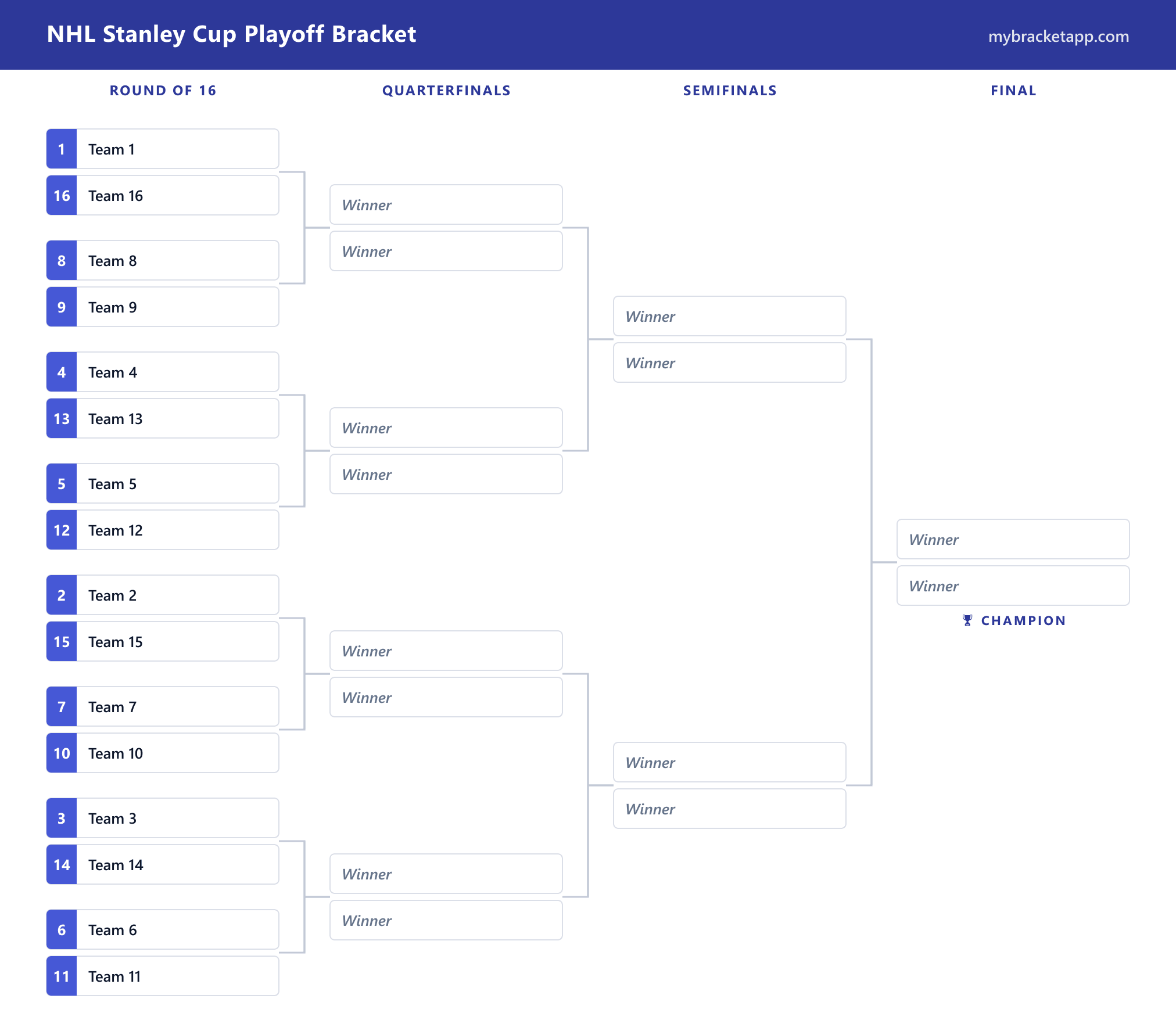 NHL Playoff Bracket example layout, printable and editable